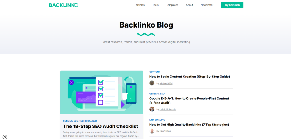 Backlinko Blog: Expert Seo And Content Marketing Strategies Backlinko blog homepage featuring articles on seo audits, content creation, and link building strategies