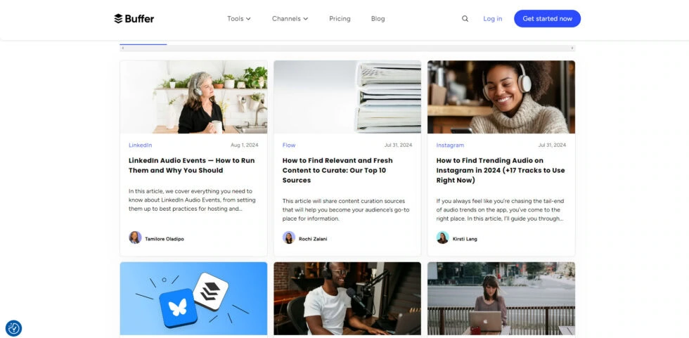 Buffer Blog: Latest Social Media And Content Marketing Insights Buffer blog homepage showcasing recent articles on linkedin, content curation, and instagram audio trends