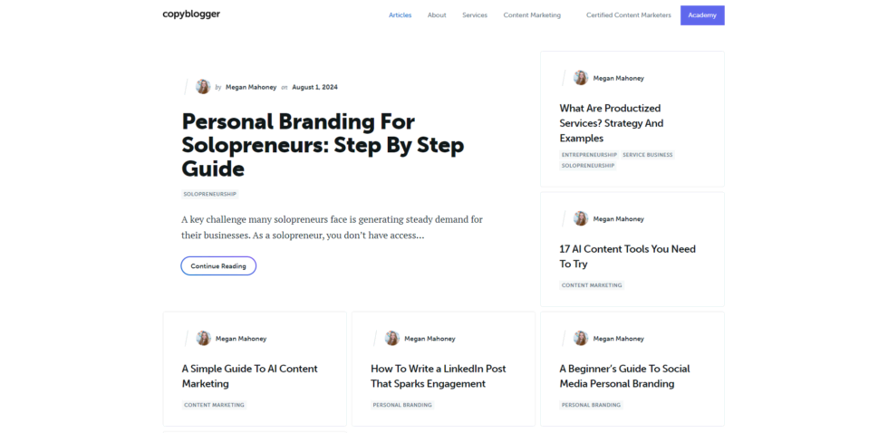 Copyblogger: Expert Content Marketing And Personal Branding Resources Copyblogger blog homepage featuring articles on personal branding for solopreneurs, ai content tools, and social media marketing